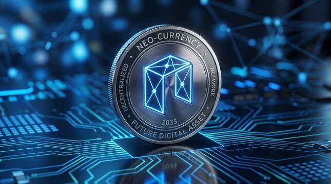 A shiny silver metallic cryptocurrency coin standing upright on a blue glowing electronic circuit board with metallic digital currency currency token rests