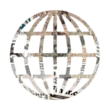 Halftone Newspaper Texture Globe Icon on White Background. Retro Pop Art Newsprint Globe Illustration on White Background.