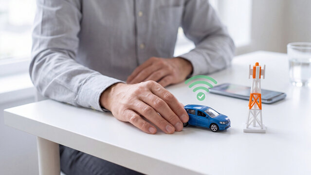 Connected vehicle and wireless communication concept, person touching a blue model car beside a miniature cellular tower with a green signal and checkmark, representing smart vehicle connectivity