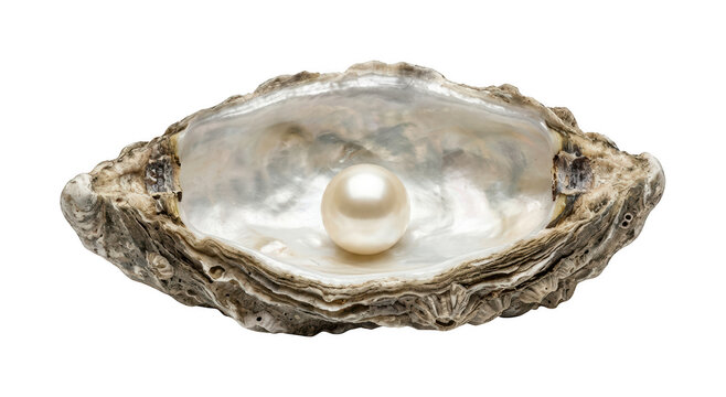 Single white pearl in an open oyster shell isolated on transparent png for luxury branding