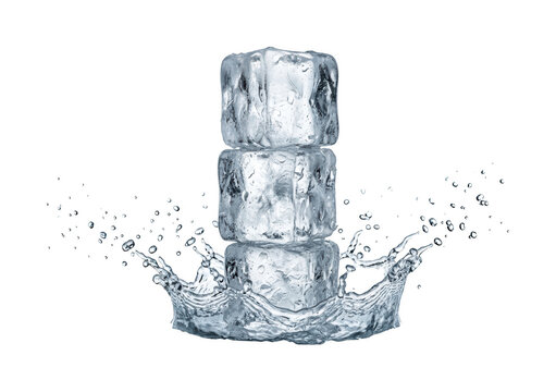Three stacked clear ice cubes in a water splash for beverage ads isolated on transparent