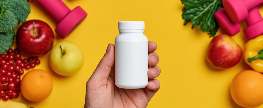 Hand holding dietary supplement bottle for weight management with fresh fruits and fitness equipment.