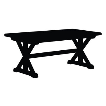 Christmas Day, Rustic wooden dining table silhouette, farmhouse trestle table vector, vintage picnic furniture icon for interior design isolated on White Background