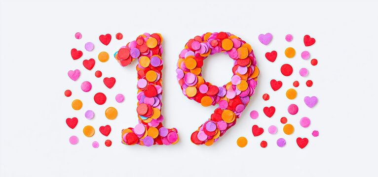 The number 19 crafted from vivid red and orange confetti on a pristine white background, evoking celebration.