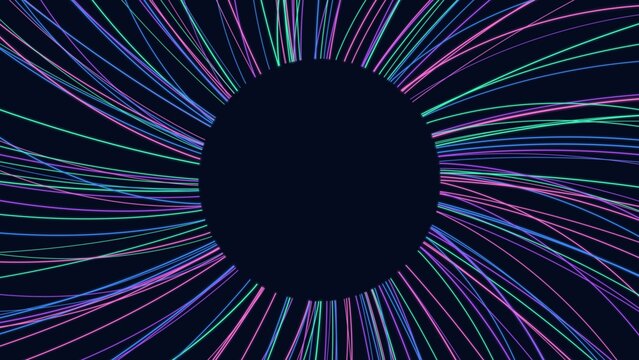 Abstract radiating burst background with glowing neon green blue and pink lines emerging from dark center.