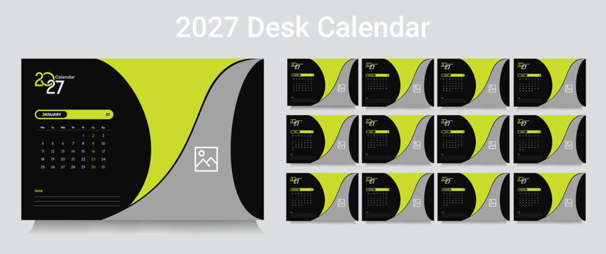 Trendy desk calendar 2027 template, corporate desk calendar schedule 2027 monthly 12-page planner layout, editable vector eps 10 file format