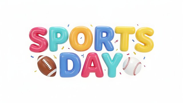 Sports Day colorful 3D balloon lettering. Features miniature football and baseball with falling confetti. Vibrant school event graphic on white