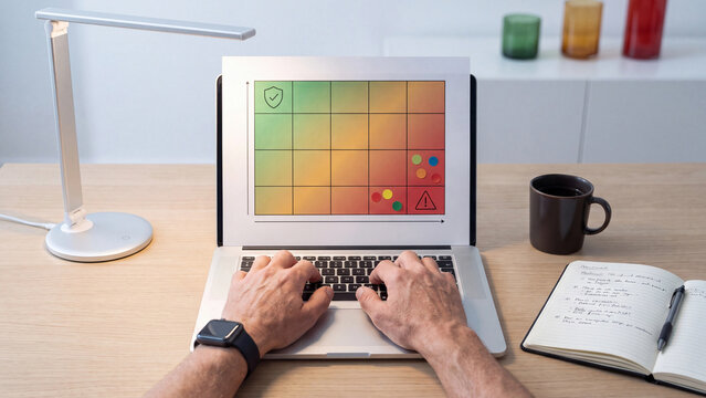 Risk assessment and business management concept, person using a computer with a risk matrix, warning symbol and shield icon to evaluate threats and prioritize actions beside a notebook and coffee