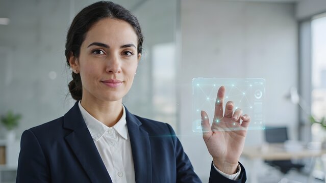Businesswoman using futuristic virtual interface. Professional woman touching glowing digital hologram screen in modern office environment