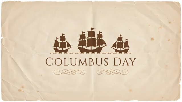 Columbus Day vintage greeting card with three sailing ships. Brown silhouette of old vessels on aged parchment paper background with ornate text