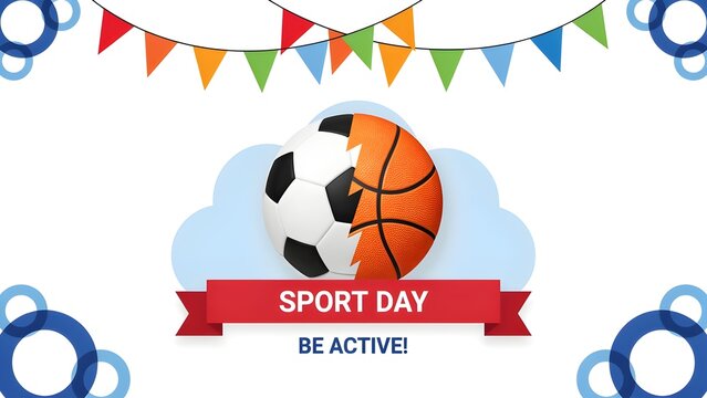 Sport Day banner with soccer and basketball hybrid. Colorful bunting flags and blue circles on white. Physical activity and school event graphic