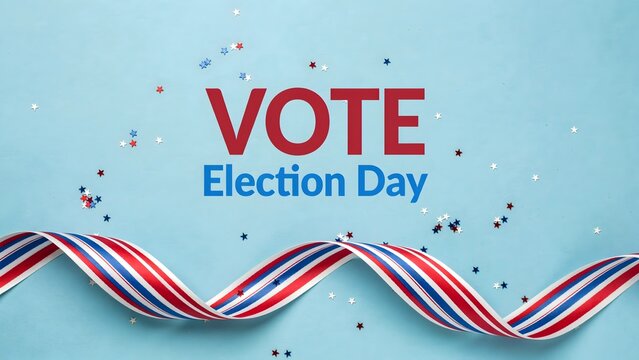 Vote Election Day text with patriotic ribbon and star confetti on blue background. US voting and democracy concept