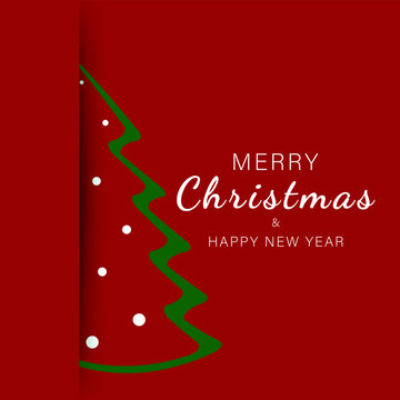 Festive Christmas and New Year greeting card with green Christmas tree, white ornaments and elegant typography on a red background. Vector illustration.