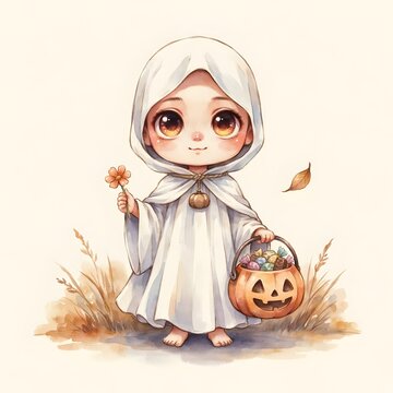 Little ghost girl halloween illustration. Chibi character wearing white sheet costume holding pumpkin candy bucket and flower. Watercolor style art
