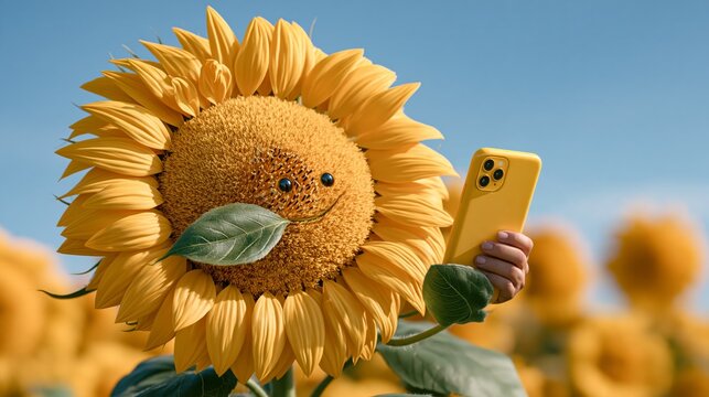 Bright yellow sunflower standing in field holding smartphone taking selfie with leaves looking full of itself