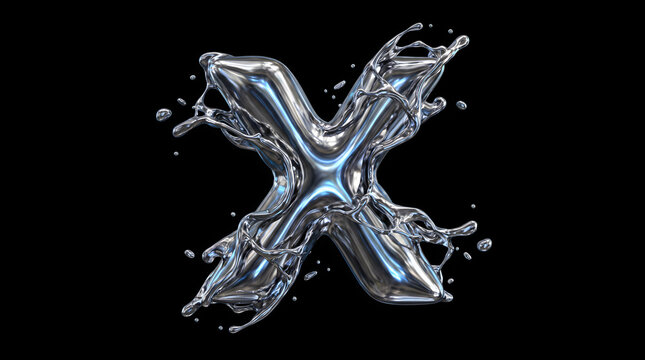 Abstract 3D typography of the letter X formed by dynamic splashing liquid chrome metal