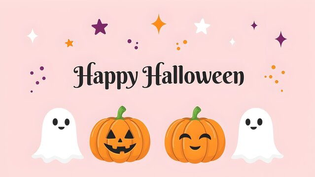 Happy Halloween banner with pumpkins and ghosts. Cute jack o lanterns and spooky spirits on pink background. Festive greeting card vector illustration