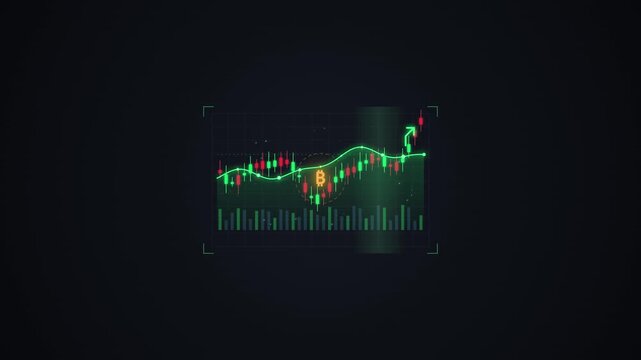 Digital Bitcoin trading dashboard with glowing green candlestick charts and data visualization