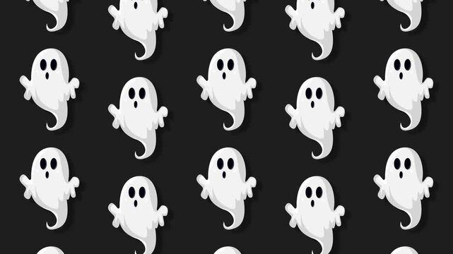 Animated Cute Ghost Pattern Loop Halloween Background Motion Graphic Black and White Spooky Design.