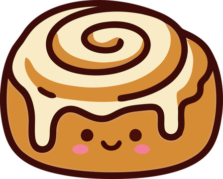 Cute cartoon cinnamon roll illustration with a happy smiling face and sweet white icing topping isolated on white