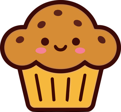 Cute cartoon muffin character with a happy smiling face and rosy cheeks in a flat vector style