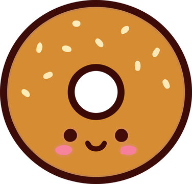 Cute cartoon sesame bagel character with a happy smiling face and pink cheeks isolated on white background