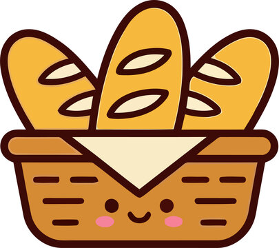 Cute cartoon illustration of a wicker basket filled with fresh baked baguette bread loaves on white background
