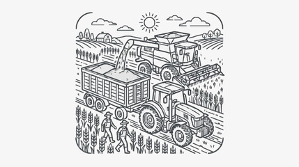 Fototapeta premium Harvesting Scene with Combine Harvester and Farm Workers in Wheat Field