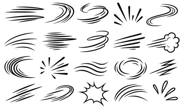 Dynamic hand drawn speed lines and motion effects showing energetic movement for comic books and graphic design illustrations set isolated in black on transparent background.