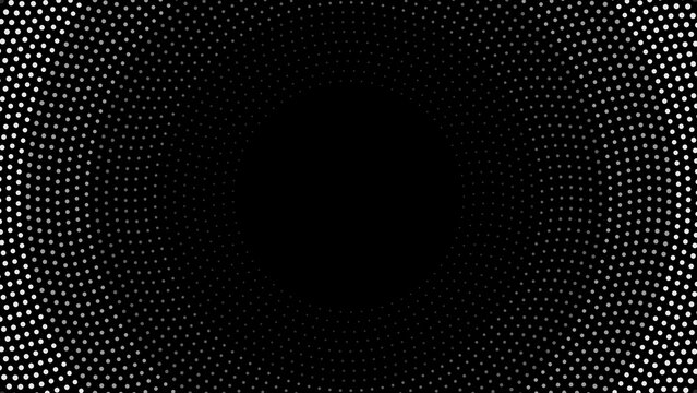 Monochrome white dot matrix pattern forming spherical rotation on black background for digital media usage.