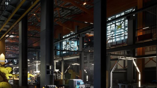 The setting shows a large factory with robotic arms working along the assembly line. Bright windows allow sunlight to enter the space. The room is spacious with high ceilings.
