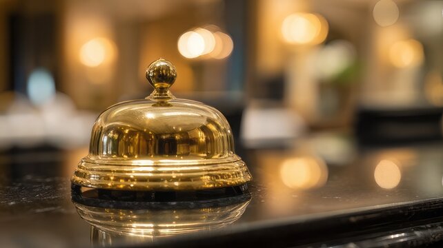 Vintage brass hotel service bell on dark reception desk, luxury concierge call bell, elegant hospitality check-in counter with bokeh background