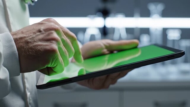 Scientist using tablet with green screen in laboratory.