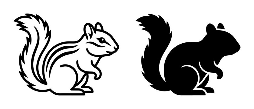 Squirrel Icons, Chipmunk Silhouette, Rodent Vector Graphics, Woodland Creature Line Art, Mammal Outline, Black and White Animal Designs, Nature Elements