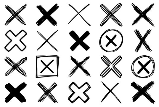 Hand drawn cross mark collection featuring various thick brush strokes and thin sketchy doodle lines representing rejection or incorrect feedback isolated on transparent background