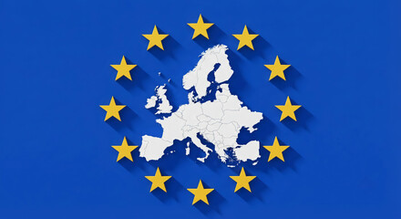 Obraz premium A white map of Europe surrounded by a ring of twelve yellow stars on a solid blue background, styled with a distinct 3D drop-shadow effect. UE concept map.