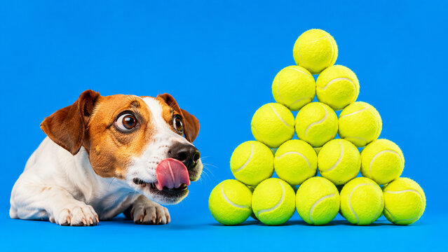 Dog staring at giant pile of tennis balls as ultimate playtime fantasy