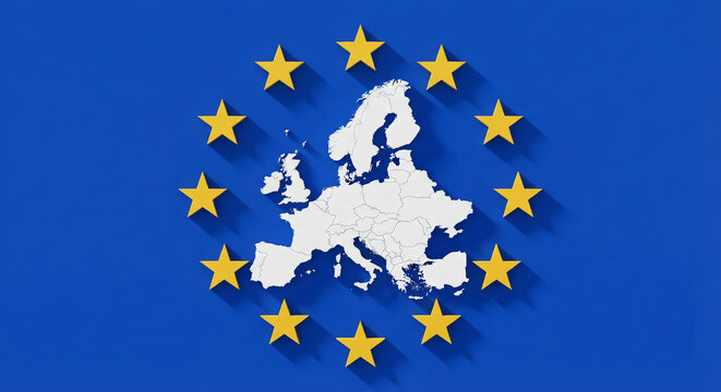 A white map of Europe surrounded by a ring of twelve yellow stars on a solid blue background, styled with a distinct 3D drop-shadow effect. UE concept map.