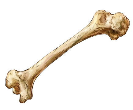 Detailed illustration of a large animal bone, isolated, representing prehistoric times, strength, or a scientific concept for learning, isolated on transparent background