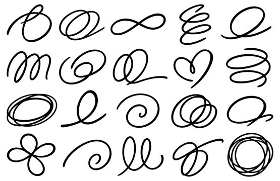 Decorative hand drawn black ink swirl brush strokes and various chaotic doodle shapes arranged in a collection set isolated on a white background on transparent background
