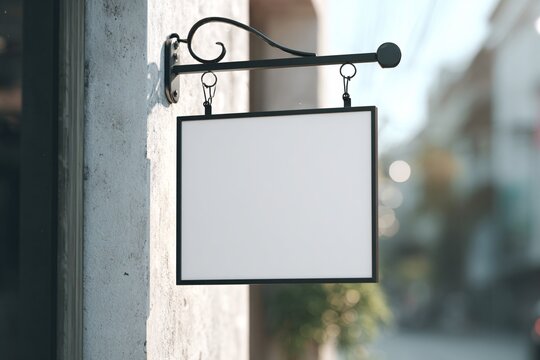 Blank signboard hanging on black metal bracket outside store