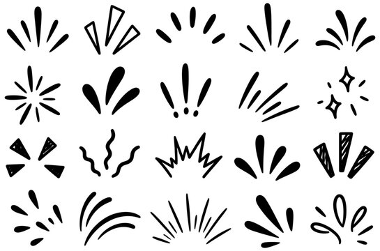 Hand drawn doodle effect sparks and action lines collection featuring various energetic shapes and abstract marks for dynamic graphic design projects isolated on transparent background