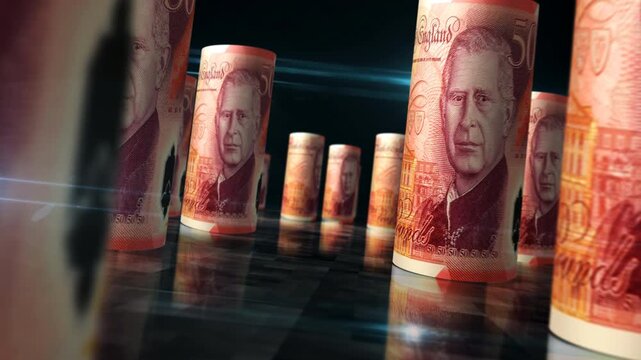 Great Britain pound sterling english money rolls loop 3d. Money on table. Seamless and loopable abstract concept of economy, finance and business. Camera between UK 50 GBP rolled banknotes.