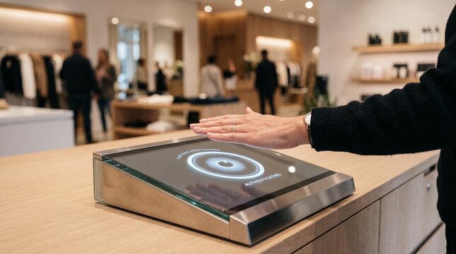 A customer uses a biometric hand scanner for payment authentication in a modern clothing store with counter authenticate transaction transaction retail environment