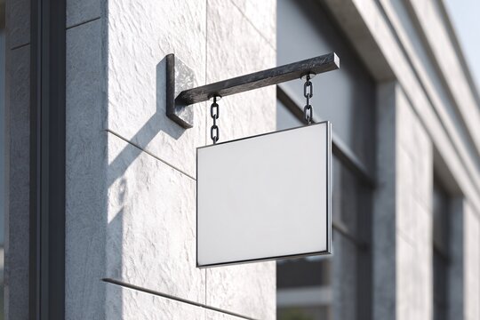 Blank sign hanging on metal bracket outside modern building