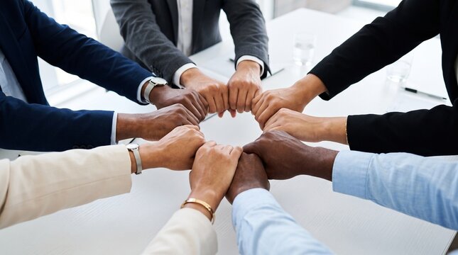 Diverse business team joining hands together in a circle over a white office table with diverse group professional colleagues join hands circle symbolize unity
