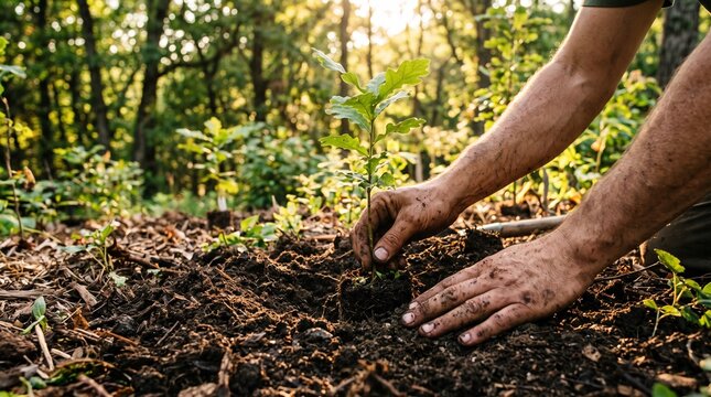 Human hands covered in dirt planting a small green sapling into the earth in a sunlit forest with carefully planting young tree sapling dark