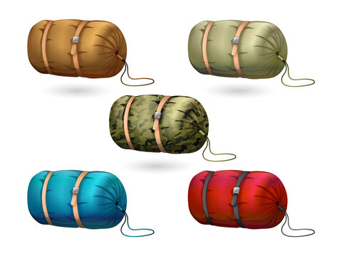 Five rolled bedrolls isolated on a transparent background