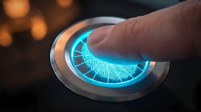 Human finger pressing a glowing circular biometric sensor featuring vivid blue light and intricate metallic texture for secure digital identity verification