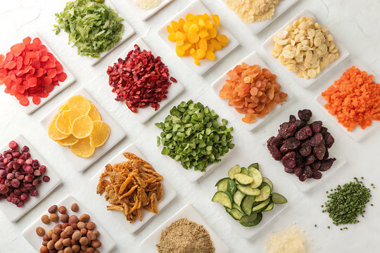 Photorealistic colorful dehydrated food ingredients viewed from directly overhead, 20 separate product piles arranged evenly like a professional ingredient catalog, vibrant but natural colors, realist